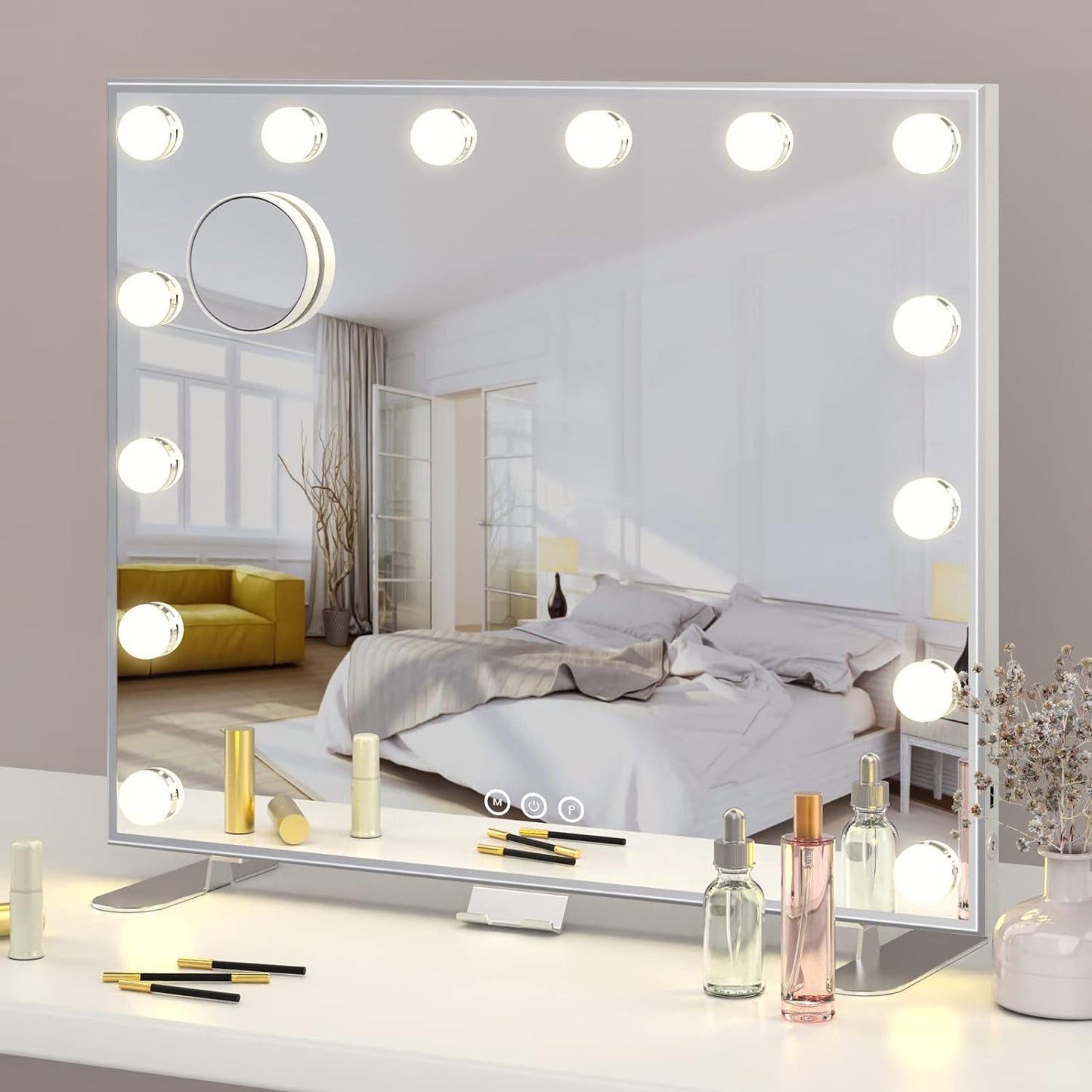 ADDCOLOR Hollywood Espejo Maquillaje con Luz, Espejo Pared con USB Puerto de Carga y eléfono Soporte, 14 Bombillas LED y 3 Modos de Iluminación Ajustables Espejo Grande (60x18x52,3 cm)