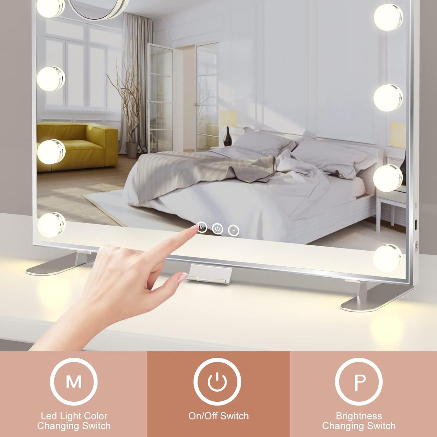 ADDCOLOR Hollywood Espejo Maquillaje con Luz, Espejo Pared con USB Puerto de Carga y eléfono Soporte, 14 Bombillas LED y 3 Modos de Iluminación Ajustables Espejo Grande (60x18x52,3 cm)