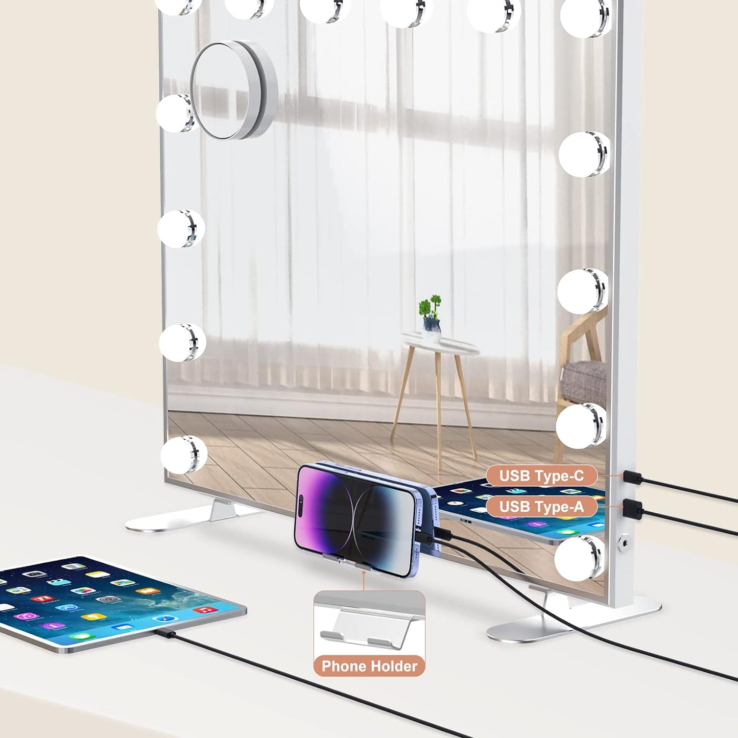 ADDCOLOR Hollywood Espejo Maquillaje con Luz, Espejo Pared con USB Puerto de Carga y eléfono Soporte, 14 Bombillas LED y 3 Modos de Iluminación Ajustables Espejo Grande (60x18x52,3 cm)