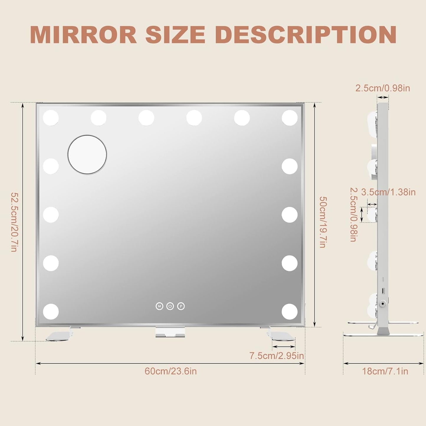 ADDCOLOR Hollywood Espejo Maquillaje con Luz, Espejo Pared con USB Puerto de Carga y eléfono Soporte, 14 Bombillas LED y 3 Modos de Iluminación Ajustables Espejo Grande (60x18x52,3 cm)